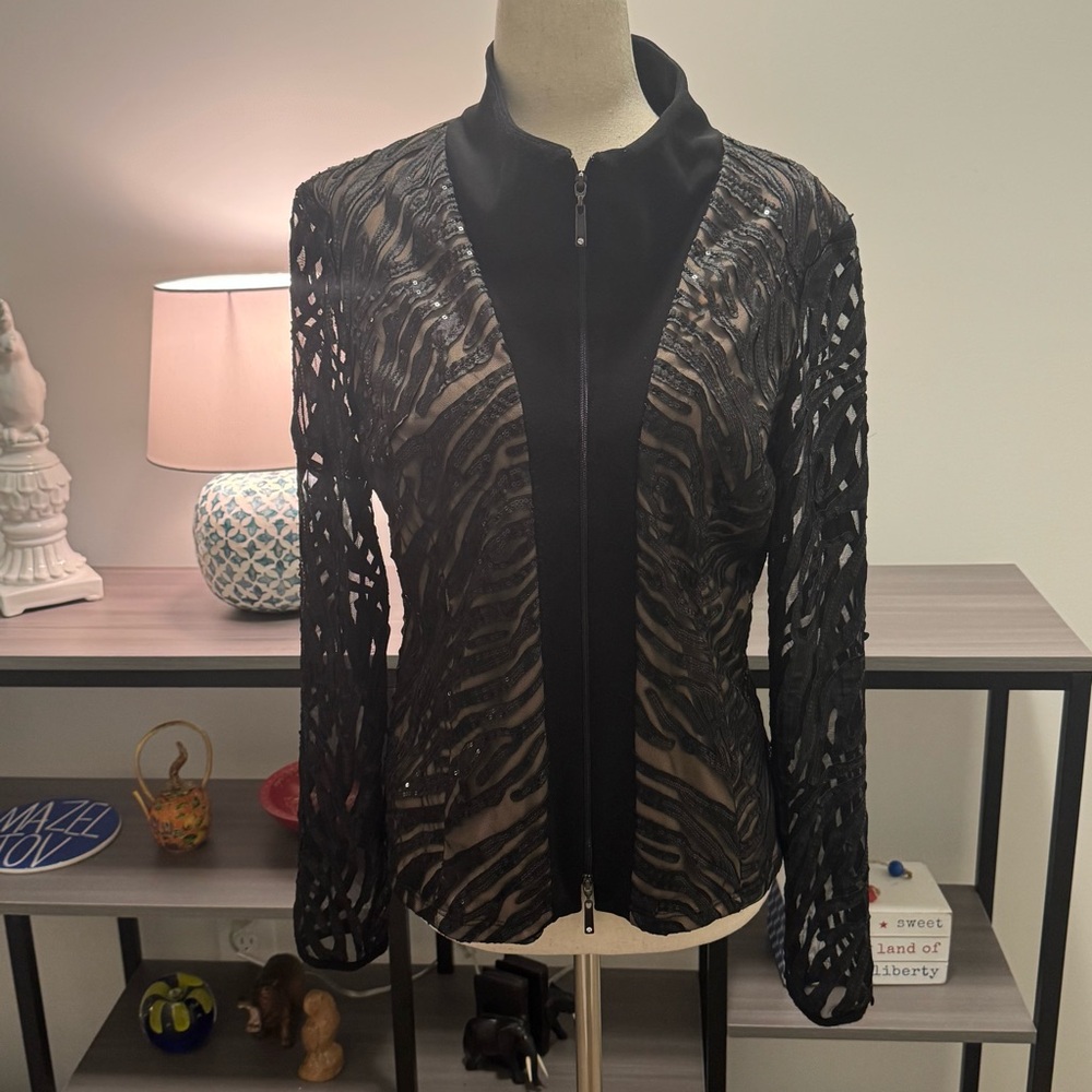 Vintage 2010s Frank Lyman Sheer Cutout Sequin Jacket – Black/Nude – Size 10